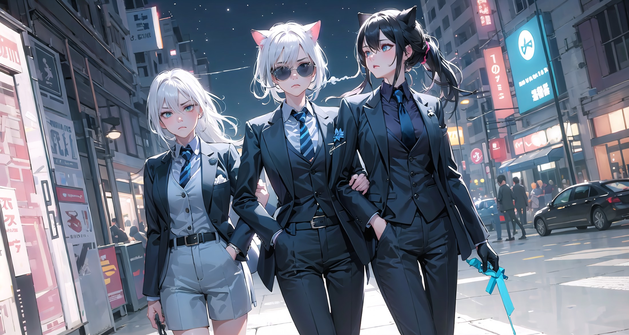 best quality, masterpiece, (close-up,face focus:0.8),
sunglasses, necktie, animal ears, gloves, 1girl, white hair, and 1gi...